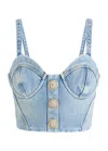 Balmain Button-embellished Denim Bustier Top In Denim