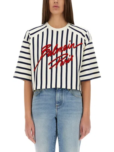 Balmain Cropped Striped Baseball T-shirt With Signature Logo