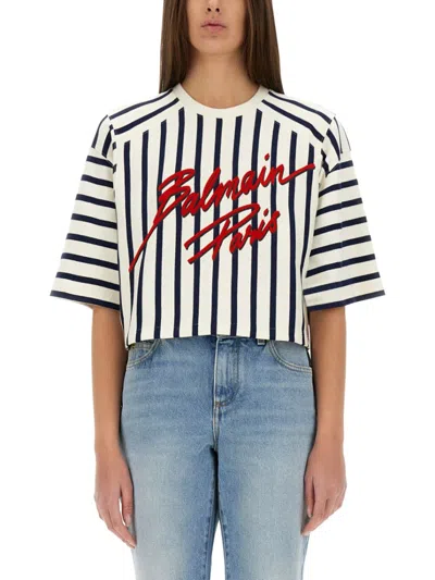 Balmain Cropped Striped Baseball T-shirt With Signature Logo In Multi