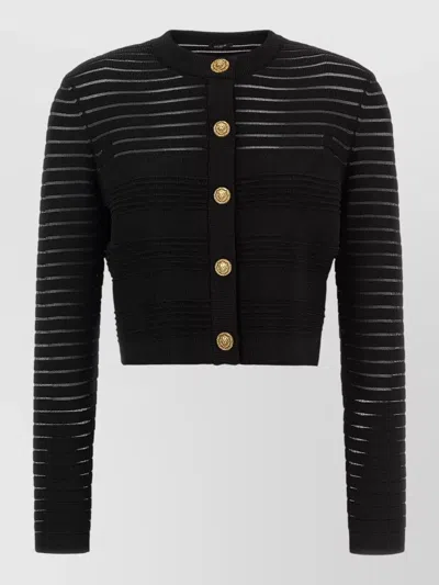 Balmain Cropped Striped Cardigan Round Neck Buttons In Black