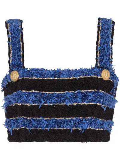 Balmain Cropped Striped Tweed Bra Top In Blue