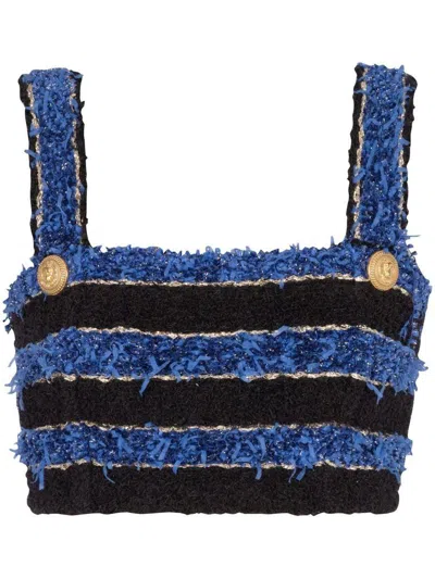 Balmain Cropped Striped Tweed Bra Top In Multi