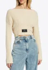 Balmain Cropped Sweater With Logo Label In Cream
