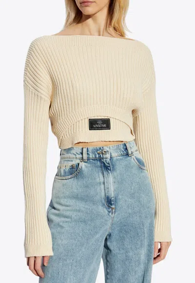 Balmain Cropped Sweater With Logo Label In Cream