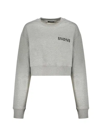 Balmain Cropped Logo Sweatshirt Women In Gray