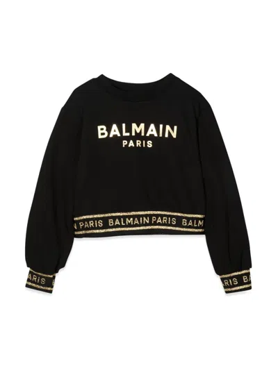 Balmain Kids' Logo棉质针织运动衫 In Black Gold