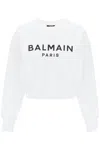Balmain Cropped Sweatshirt With Flocked Logo In Blanc Noir (white)