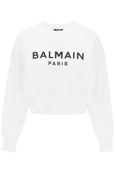 BALMAIN CROPPED SWEATSHIRT WITH FLOCKED LOGO