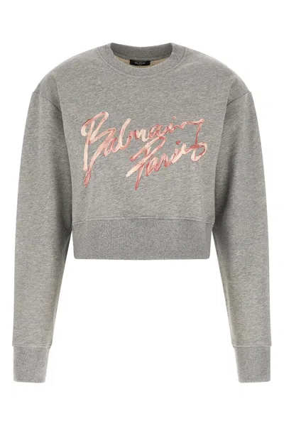 Balmain Cropped Sweatshirt With Textured Logo In Grau