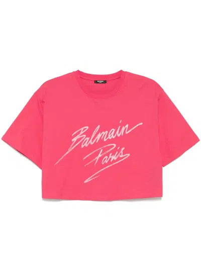 Balmain Logo Baseball Crop T-shirt In Pink