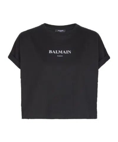 BALMAIN CROPPED T-SHIRT WITH BALMAIN PRINT