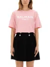 Balmain Women Logo Organic Cotton Cropped T-shirt In Pink