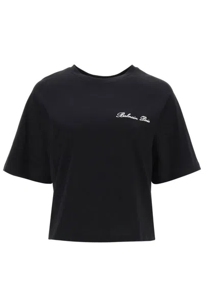 Balmain Cropped T-shirt With Logo Embroidery In Black