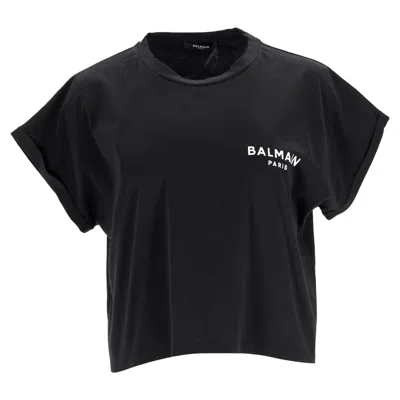 Balmain Cropped T-shirt With Logo In Black Cotton