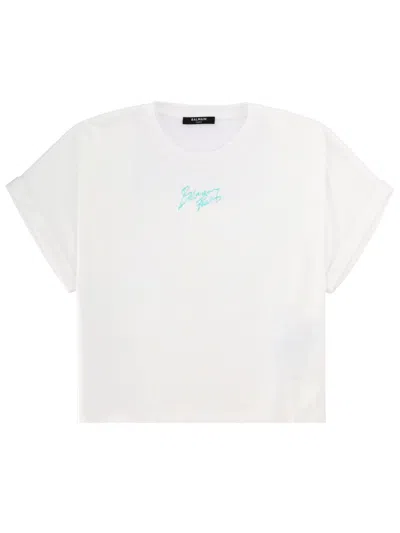 Balmain Women Cropped T-shirt With Logo In White