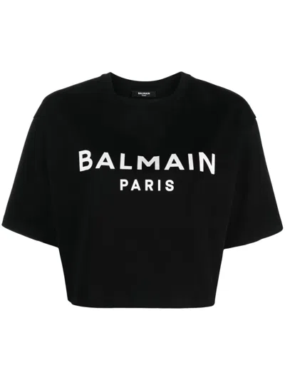 Balmain Women Cropped T-shirt With Print In Black