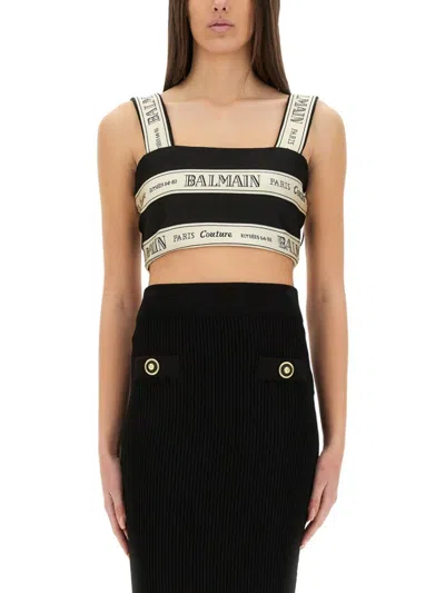 Balmain Striped Logo Jacquard Crop Top In Multi