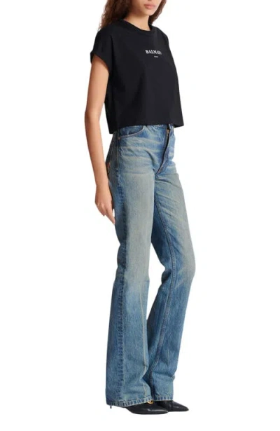 Balmain Cropped T-shirt With  Print In Black