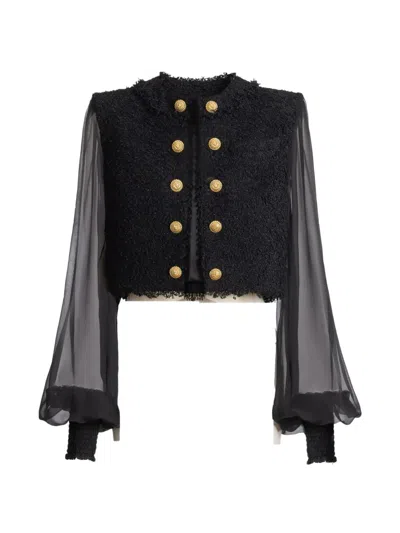 Balmain Cropped Tweed And Muslin Jacket In Pattern