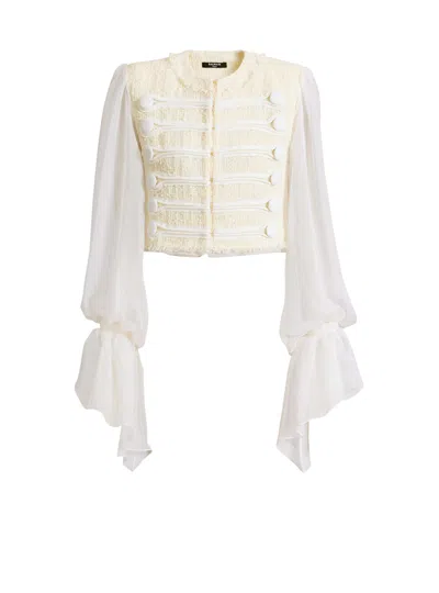 Balmain Cropped Tweed And Muslin Jacket With Frogging In White