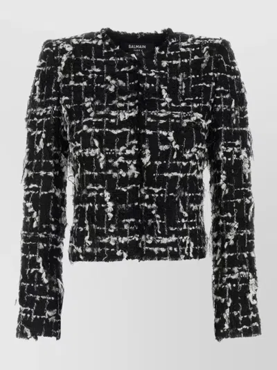 Balmain Cropped Tweed Blazer Long Sleeves Buttons In Black