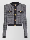 Balmain Cropped Tweed Check Cardigan Gold Buttons In Black
