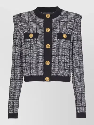 BALMAIN CROPPED TWEED CHECK CARDIGAN GOLD BUTTONS
