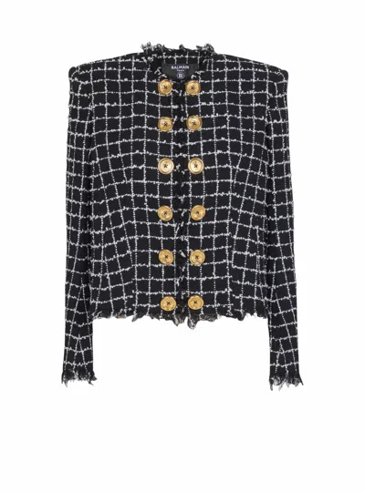 Balmain Tweed Jacket Long Sleeves Frayed Edges In Multi