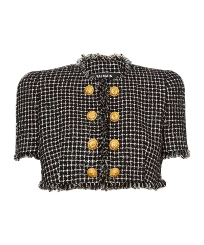 Balmain Cropped Embellished Cotton-blend Tweed Jacket In Black