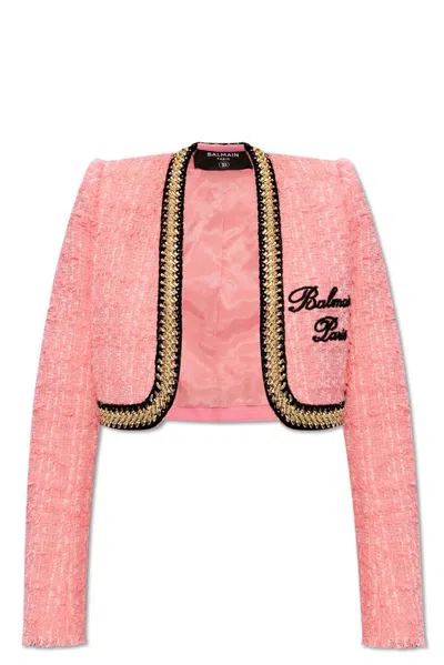 Balmain Cropped Tweed Jacket In Pink