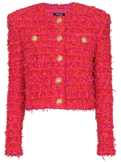 Balmain Red Cropped Tweed Jacket
