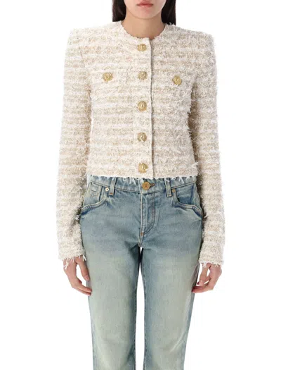 Balmain Cropped Tweed Jacket In Neutral