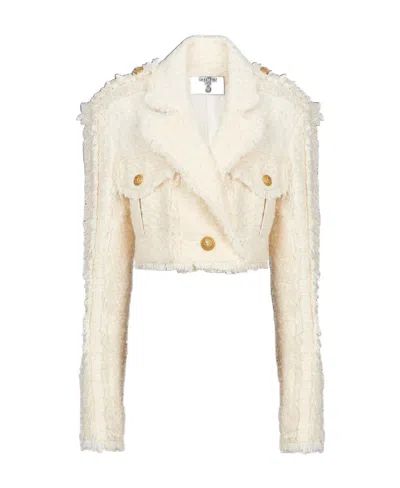 Balmain Cotton-blend Tweed Cropped Jacket In White
