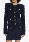 Balmain Blue Collarless Jacket With Gold Buttons In Tweed Woman In Navy