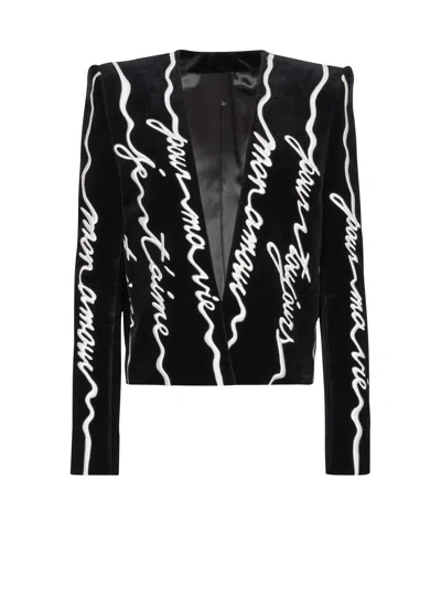 Balmain Cropped Velvet Jacket With All-over "love Letter" Embroidery In Black