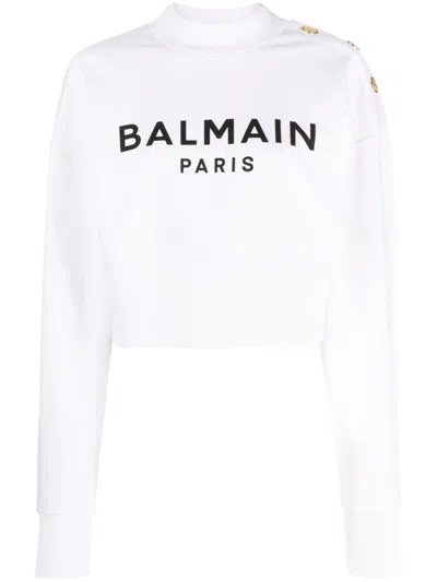 Balmain Cropped White Logo Sweatshirt For Women | Fw23
