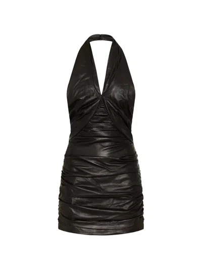 Balmain Cross-neck Draped Leather Mini Dress In Black