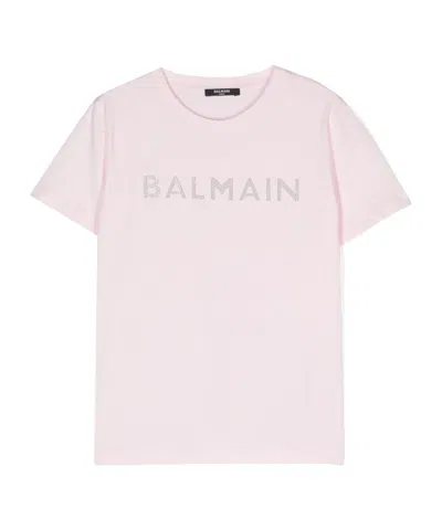 Balmain Kids' Crystal-embellished Logo T-shirt In Pink
