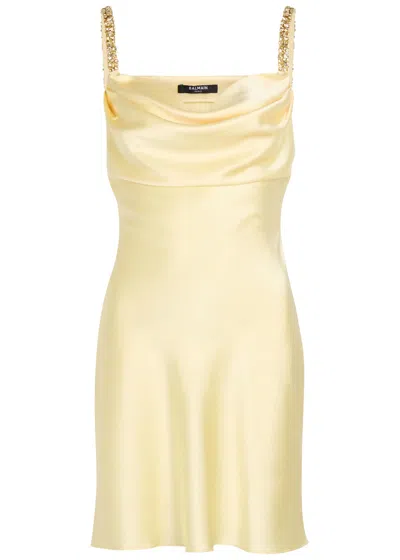 Balmain Crystal-embellished Silk Mini Dress In Gold
