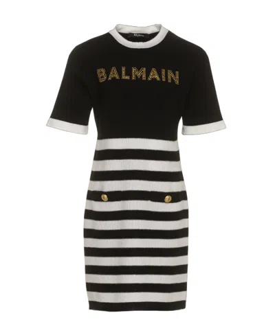 Balmain Crystal-embellished Striped Dress In Black