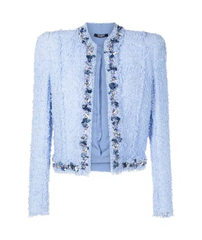 Balmain Crystal Embellished Tweed Casual Jacket In Blue