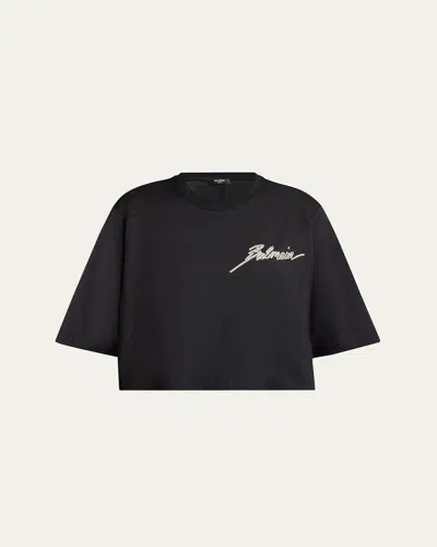Balmain Crystal Logo Cropped T-shirt In Black