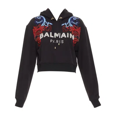 Pre-owned Balmain Crystal Rhinestone Bead Baroque Logo Black Cropped Fleece Hoodie Xxs