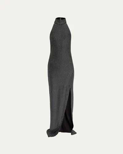Balmain Crystal Velvet Halter Slit Maxi Dress In Multi