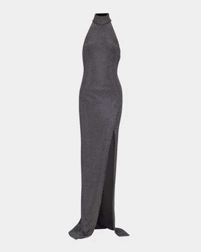 Balmain Long Velvet Halterneck Dress With Rhinestones In Black