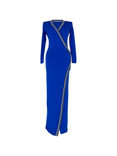 Pre-owned Balmain Crystal-embellished Wrap-effect Maxi Dress In Blue