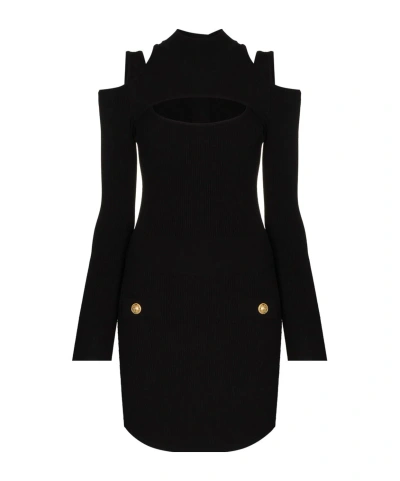 Balmain Cut-out Rib-knit Dress In Black