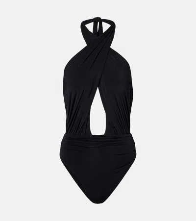Balmain Cutout Draped Swimsuit In Black