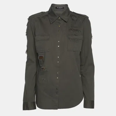 Pre-owned Balmain Dark Green Cotton Distressed Embellished Button Front Military Shirt M