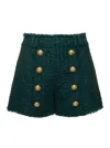 Balmain Frayed Button-embellished Bouclé Shorts In Dark Green